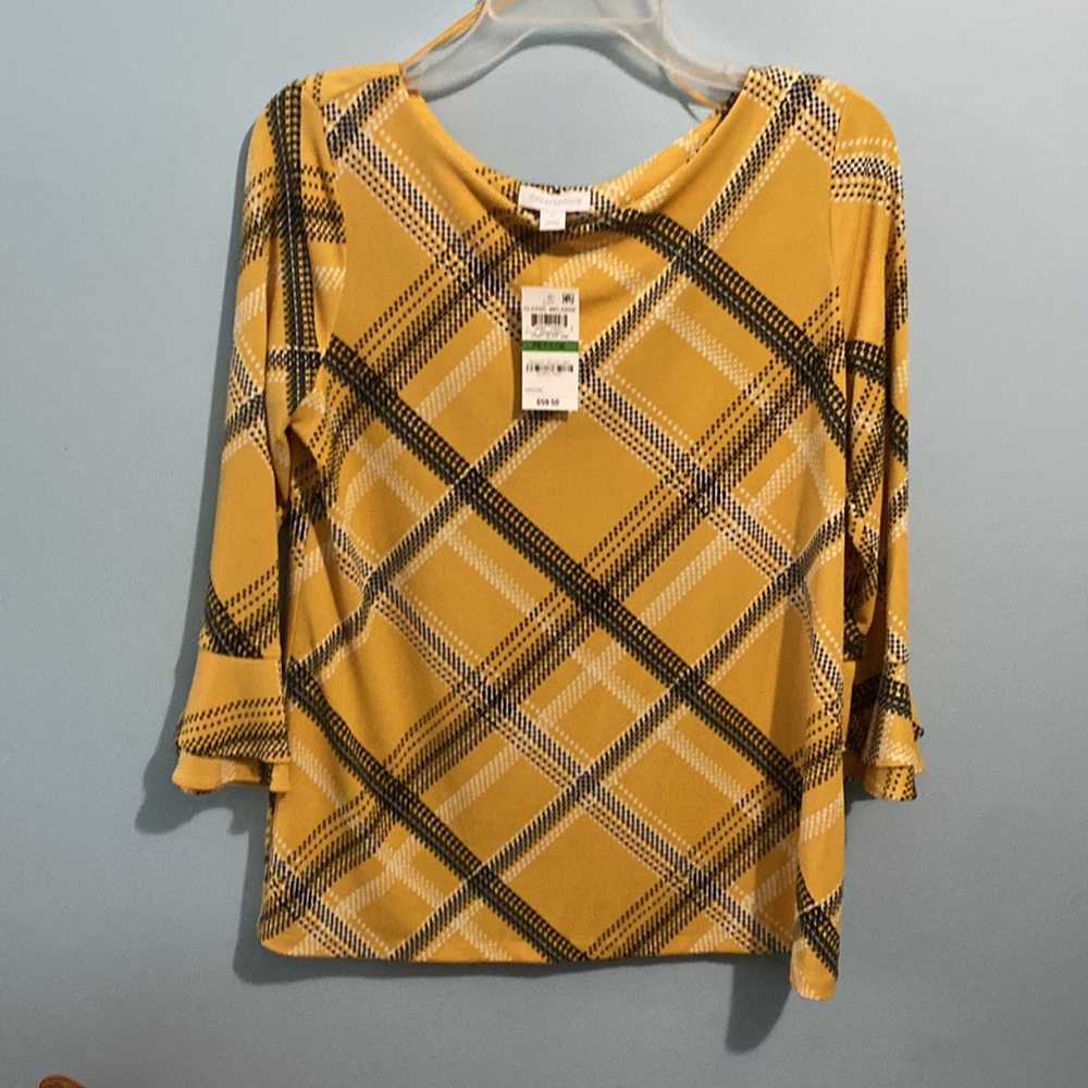 CHARTER CLUB Yellow Black & White checkered Blouse Size PL NWT